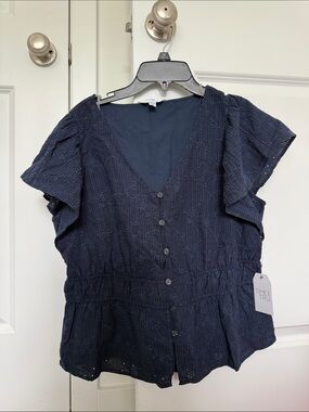 Time and Tru Navy Eyelet Button-Front Peplum Blouse